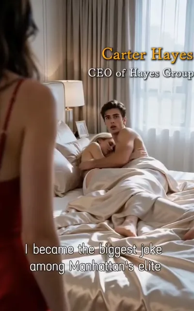 The discovery — a softly lit bedroom, a woman in a wine-red slip seen from behind facing the bed where a shirtless man holds a sleeping blonde woman under the covers, his head turned in alarm, the name card Carter Hayes — CEO of Hayes Group at the corner, the caption I became the biggest joke among Manhattan's elite beneath (ep1; subtitles as aired — TOP quote, the catching-the-affair opening)