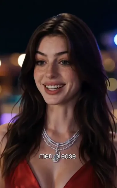 The party aside — against a blurred night-outdoor bokeh of warm and violet lights, a chestnut-haired woman with freckles in a red deep-V gown and layered diamond necklaces giving the camera a wry, unimpressed smile, the captioned line men please beneath (ep1; atmosphere beat — the high-end pool-party scene; station as-aired line on the drama's own footage, not a quote-card selection, not amplified)