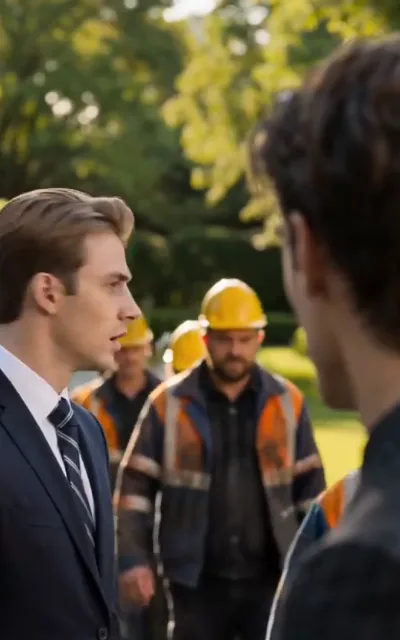The site — in daylit shallow focus, a light-haired man in a dark suit with a silver-striped tie talking across a worker whose hi-vis orange shoulder edge faces the camera, helmeted crew in orange vests behind (ep2; foreman-disguise line beat — the construction-site entry, identities unnamed)