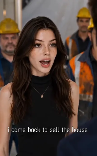 The decision — a freckled woman with dark chestnut waves in a black sleeveless turtleneck and a small rectangular pendant speaking earnestly, helmeted workers in orange safety vests blurred behind inside a space under renovation, the caption i came back to sell the house beneath (ep3; subtitles as aired — the sell-the-house resolve; end-segment seek dead-zone compensation frame, captured clean at 106s)