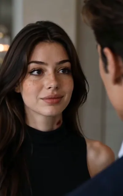 The morning after — a gently blurred close two-shot, a freckled woman with dark chestnut waves in a black sleeveless turtleneck looking up with a faint smile, a faint red mark low on her neck, a dark-haired man in a navy suit facing her from behind the camera (ep3; intimacy-adjacent frame as aired, not amplified — the after-intimacy hint)
