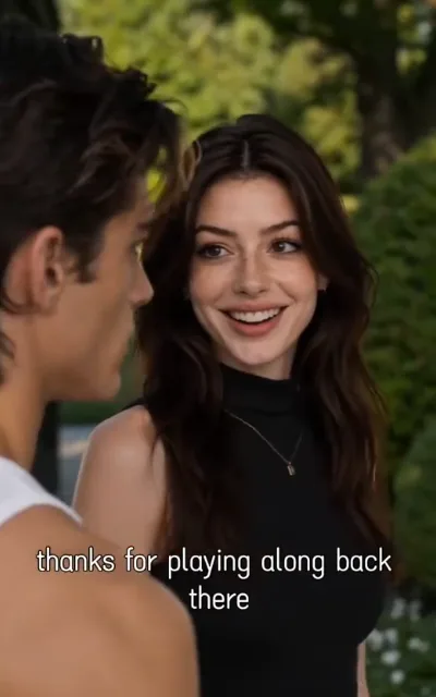 The thanks — in sunlit green woods, a man in a white tank seen in profile facing a smiling freckled woman with chestnut waves in a black sleeveless turtleneck, a small clip in her hair, the caption thanks for playing along back there beneath (ep4; subtitles as aired — the couple's easy beat)