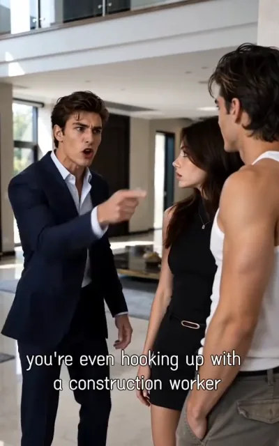 The accusation — in a bright double-height mansion hall, a man in a navy suit and open collar pointing in fury as a startled woman with chestnut waves in a black sleeveless top and short skirt looks on, a man in a white tank and khaki workpants standing beside her, the caption you're even hooking up with a construction worker beneath (ep4; subtitles as aired — the disguise-exposure turning point)