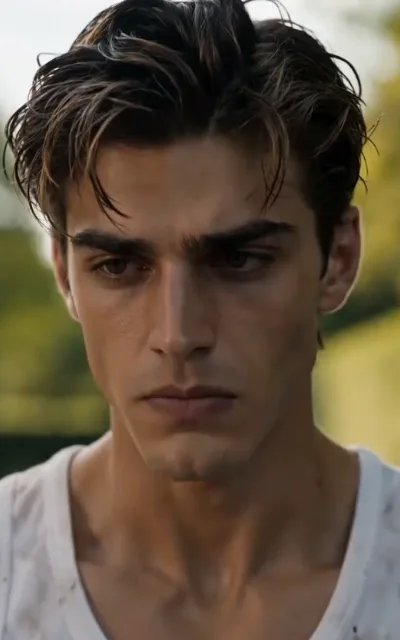The foreman — an outdoor close-up of a man with dark chestnut hair and pale streaks, tousled and damp, heavy brows, deep-set eyes cast low and brooding, in a worn white tank smudged with pale dust, collarbones hard against the soft green blur behind (ep5; foreman-disguise line beat — the disguise close-up, avatar source frame)