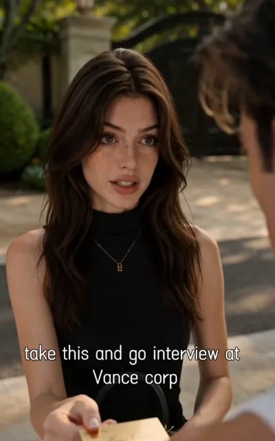 The card — at a stone-pillared gate of a fine residence in daylight, a woman with chestnut waves and freckles in a black sleeveless turtleneck and slim pendant reaching out a gold business card toward a curly-haired man seen in part-profile, the caption take this and go interview at Vance corp beneath (ep5; subtitles as aired — Vance name evidence, the card-passing set piece)