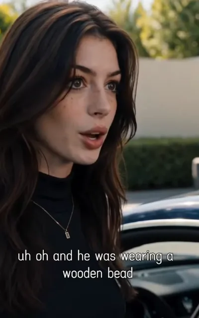 The clue — a woman with light-streaked chestnut waves and freckles in a black turtleneck with a slim silver necklace, lips parted mid-word, blurred shrubs, a pale wall and a car roof behind, the caption uh oh and he was wearing a wooden bead beneath (ep6; subtitles as aired — the identity-token suspense)