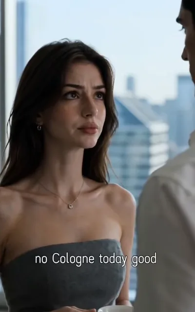 The notice — high above a blurred skyline, a woman with chestnut waves and freckles in a grey strapless top with a diamond pendant and hoop earrings holding a white cup, eyeing the half-seen man in a white shirt beside her, the captioned line no Cologne today good beneath (ep6; atmosphere beat — the office banter, station as-aired line, not a quote-card selection)