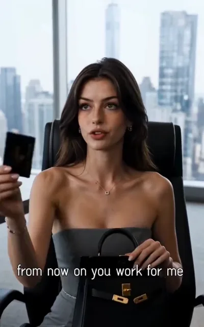 The hire — before a floor-to-ceiling window over a vast skyline, a composed woman with chestnut waves and freckles in a grey strapless top with a square-diamond collar chain seated in a black executive chair, a black card raised in hand, a gold-clasped handbag on her lap, the caption from now on you work for me beneath (ep7; subtitles as aired — the CEO line, avatar source frame)