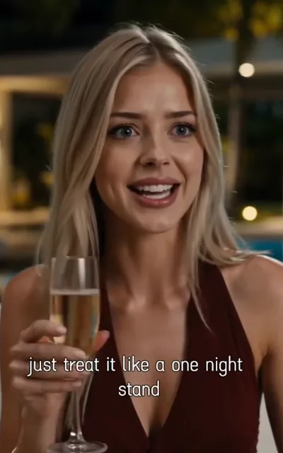 The advice — at a night party with warm bokeh and the blue of a pool beyond, a blue-eyed woman with pale-gold hair in a deep wine-red halter top raising a flute of sparkling wine with a teasing smile, the caption just treat it like a one night stand beneath (ep8; subtitles as aired — the best friend's take, the premise callback)