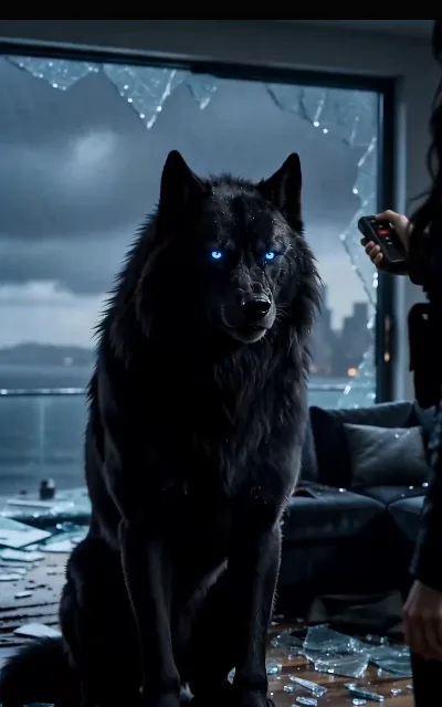 The black wolf at bay — the giant wolf, blue-lit eyes and collar, cornered against the window glass (ep1; the source of this page’s key art; violence-context frame as aired, not amplified)