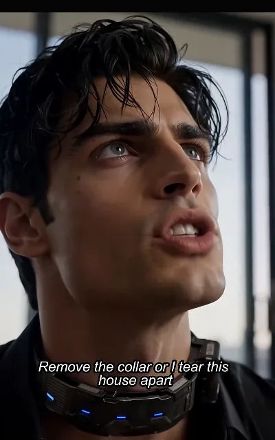 The ultimatum — the collared wolf-prince in human form, tech collar glowing at his throat — "Remove the collar or I tear this house apart" (ep2, subtitles as aired)