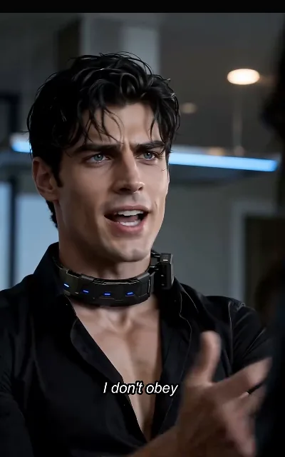 The refusal — the wolf-prince’s human face, ice-blue eyes level over the glowing collar — "I don't obey" (ep2, subtitles as aired)