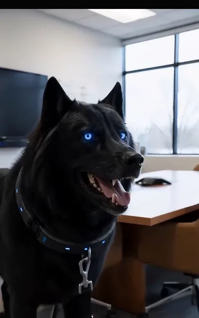 The wolf at the desk — the black wolf seated like staff, collar tag catching the light (ep3)