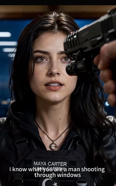 The badge and the gun — the trainer’s chest badge reading "MAYA CARTER" as a weapon is trained on her (ep4; platform annotation as aired — the station’s full-name badge kept exactly as shown; violence-context frame as aired, not amplified — kept as a main frame, not used for the key art or avatars)