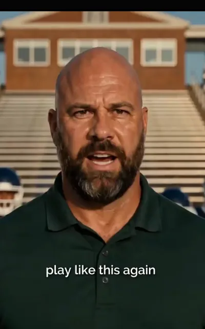 The coach at the rail — bald head, gray-streaked beard, forest-green polo, dead serious under the bleachers — “play like this again” (ep1; TRUNCATED quote as aired, no completion supplied; subtitles as aired)