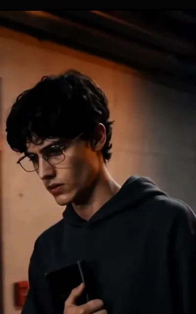 The bookworm in the black hoodie — wire-frame glasses, eyes down, a black notebook held to his chest, half his face kept in shadow (ep1; atmosphere beat)
