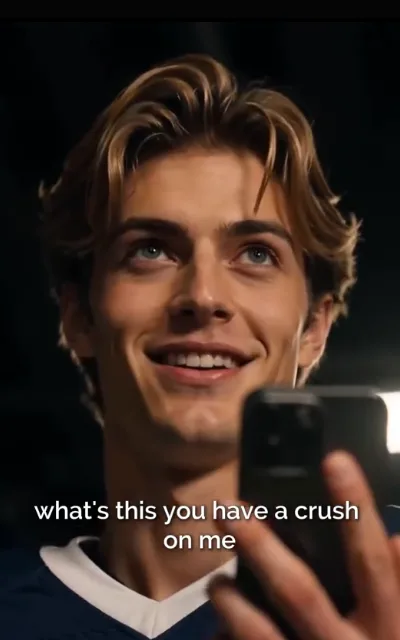 The phone held up in the dark — blue eyes up, grin curled, teasing lit from one side — “what’s this you have a crush on me” (ep2; QUOTE TOP, subtitles as aired; lockscreen-misunderstanding key frame)