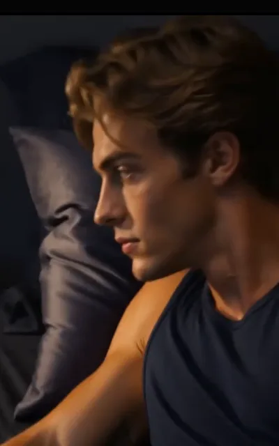 Christopher in profile — jaw set, navy tank, a small tattoo on the upper arm, thinking into the pillows (ep3; source of avatar_christopher, single-base anchor)