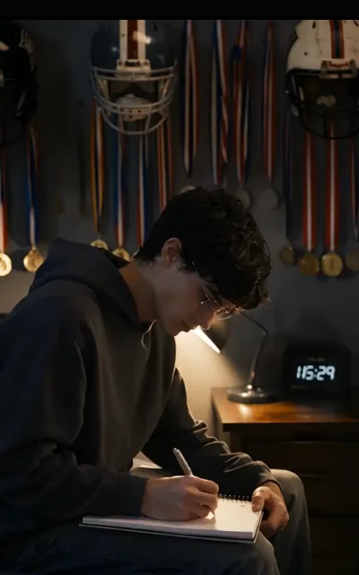 DownByThree at the desk — lamp-lit, pen on a coil notebook, a medal wall and a 115:29 timer running (ep7; the anonymous account at work, atmosphere beat)