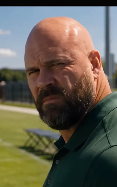 The coach is not amused — bald head sweating in the sun, beard, side-eye straight down the lens (ep8; meme form as aired, not amplified)