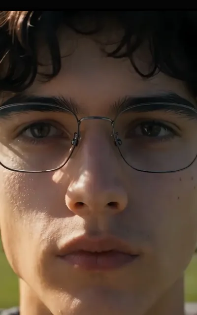 The still look — round frames dead to camera, young face quiet, nothing performed (ep9; atmosphere beat)