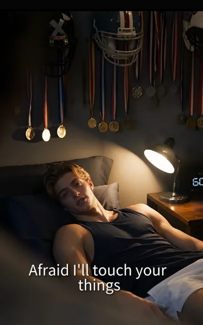 Half-lit on the pillows — black tank, medal wall behind, clock at 60 — “Afraid I’ll touch your things” (ep10; subtitles as aired)