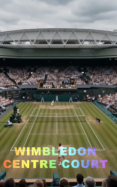 The centre court from above — a packed stadium, two players trading shots under the tournament's rainbow-lit scoreboard: the grandest stage in the sport, and the arena where the reunion begins (ep1; venue signage as aired)
