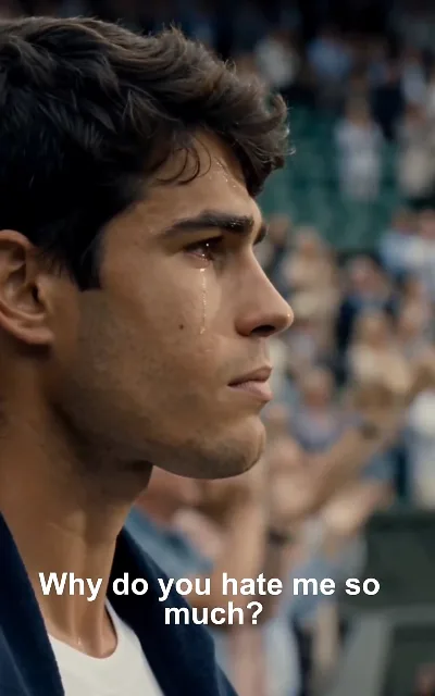 "Why do you hate me so much?" — Jayce in profile, eyes shining mid-match: the question the whole rivalry hangs on, and the top line of the series (ep1, subtitles as aired)