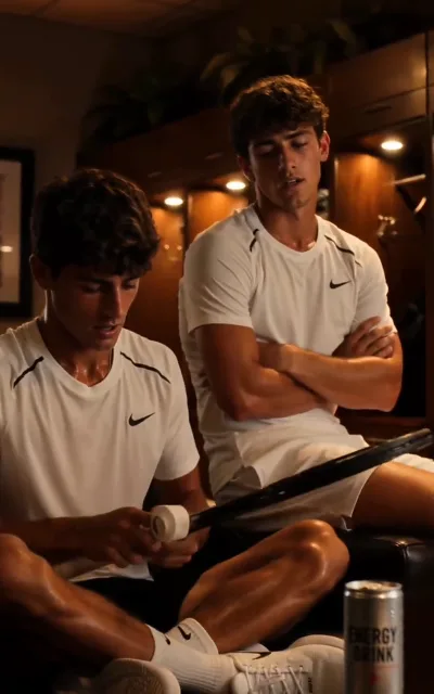 The locker room — two players in matching white, one taping his grip, the other watching with folded arms: old rhythm surviving under new hostility; the pair stays unnamed, no side picked (ep3)