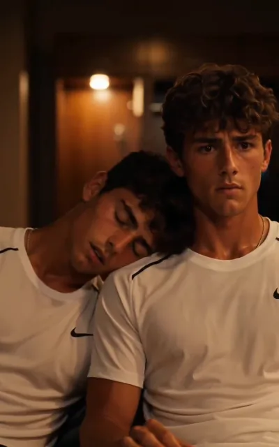 The lean — eyes closed, one head on the other's shoulder after the match, silver chain against gold: the quiet dependency the rivalry cannot bury (ep3)
