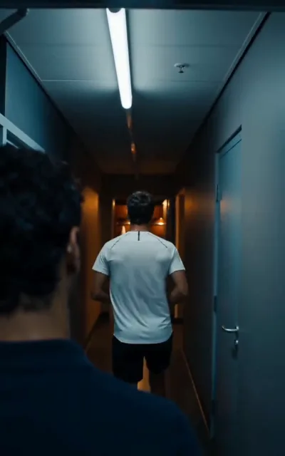 Down the corridor — one player trailing another through split warm and cold light: the show's chase-and-distance grammar in a single walk (ep3)