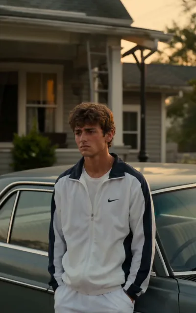 Dusk in the old neighborhood — Jayce in a white-and-navy track jacket beside a vintage sedan outside a modest porch: the champion's other life (ep4)