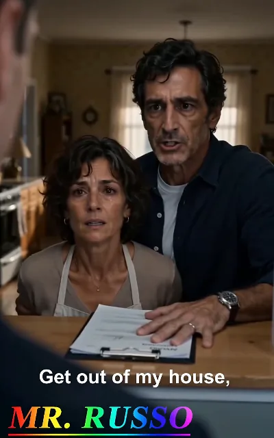 "Get out of my house," — a kitchen standoff, tears and anger on two older faces, the family name on screen in the show's own title styling: the home front of the story (ep4, subtitles as aired; the couple stays unnamed; family-conflict frame as aired, no causal retelling)