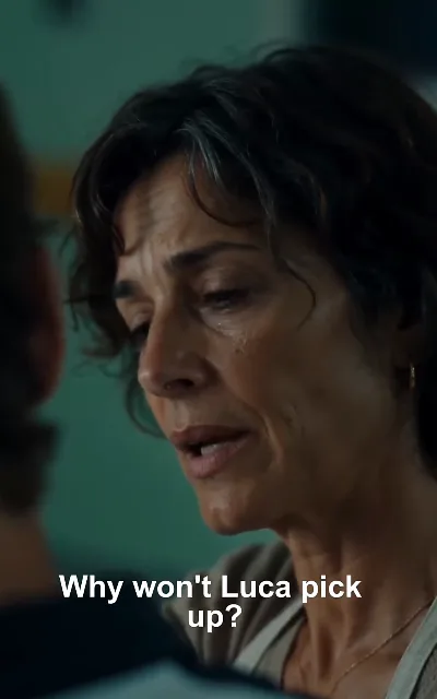 "Why won't Luca pick up?" — an older woman with graying highlights, eyes brimming with worry, phone in hand: the question that anchors Luca's name to the crisis (ep4, subtitles as aired; she stays unnamed)