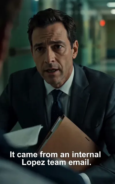 "It came from an internal Lopez team email." — a middle-aged man in a suit with a document folder: the paper trail that points the conspiracy at Luca's own camp (ep4, subtitles as aired; he stays unnamed)