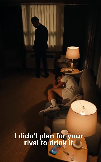 "I didn't plan for your rival to drink it." — a man in white unconscious on a couch, a dark-suited figure standing at the curtains: the tampering gambit stated plainly (ep5, subtitles as aired; as-aired wording, tampering context)