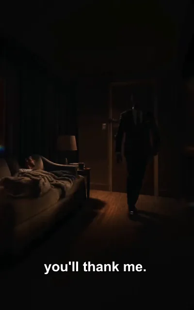"you'll thank me." — a suited silhouette stepping through a door gap into a dark room where someone sleeps under a blanket: the thriller edge of the final free episode (ep5, subtitles as aired)