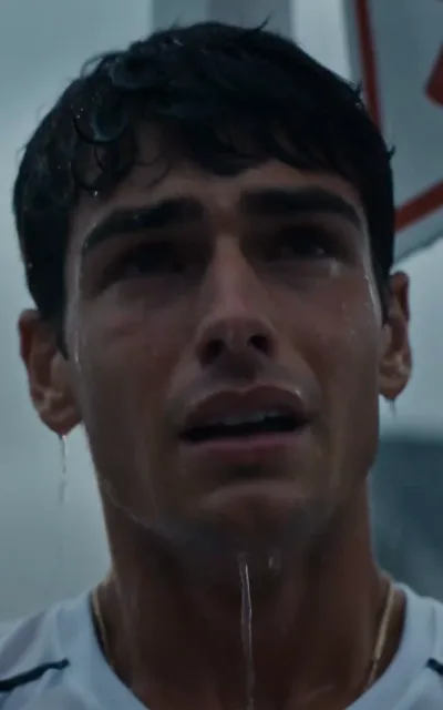 The breakdown — Luca soaked and shaking, water still in his hair, eyes rimmed red: the emotional core of the free run, and the source of his portrait (ep5)