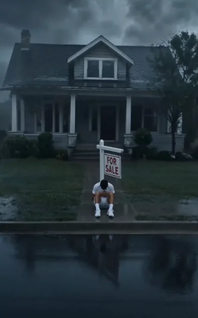 After the fall — a man in white sitting on the curb before a FOR SALE sign, rain pooling on the pavement: everything a champion can lose in one image (ep5)