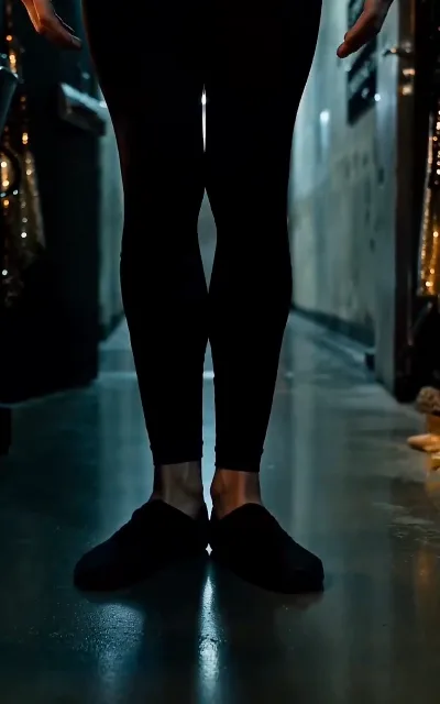 Ballet feet in soft shoes, turned out on a reflective backstage corridor floor