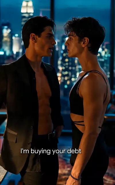Two men face off by the floor-to-ceiling window — suit versus dancer: "I'm buying your debt"