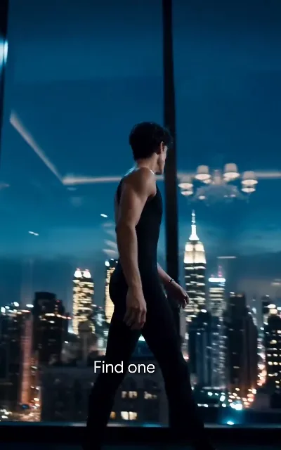 Julian in the cutout bodysuit turns toward the Empire State Building skyline: "Find one"