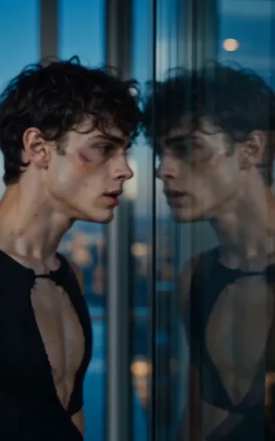 Julian's reflection in the glass, cheekbone scraped and bruised, staring at himself at dusk