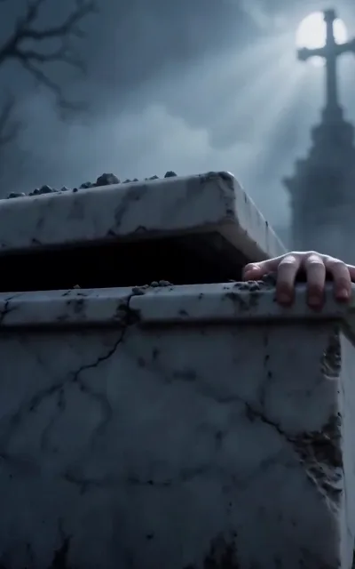 A pale hand breaks out of the stone sarcophagus — the awakening that opens the series, in a fog-shrouded graveyard