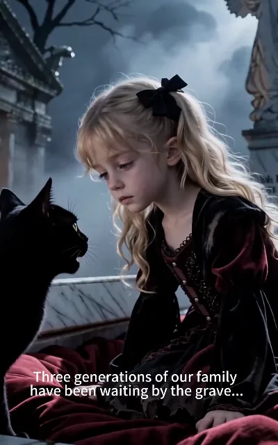 "Three generations of our family have been waiting by the grave..." — the black cat familiar makes the introductions