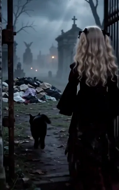The cat familiar leads Isabella deeper into the graveyard, past the iron gates and the mist
