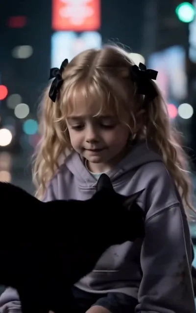 Isabella and the black cat on a city street at night — the pairing the viewers keep talking about
