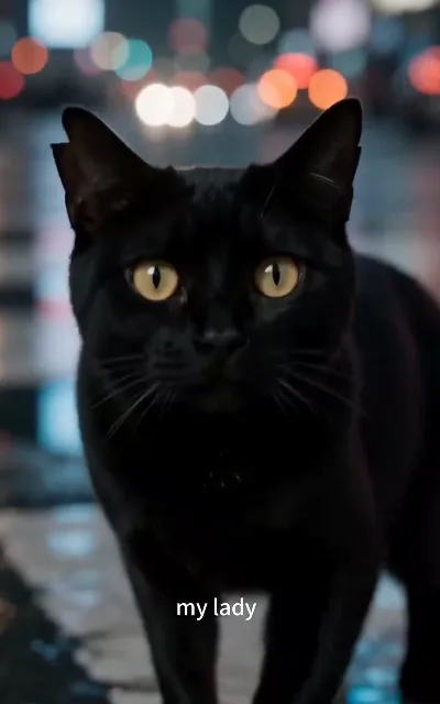 The cat familiar looks straight into the camera — "my lady," it says, all ceremony