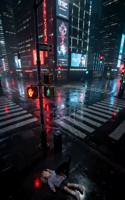 Isabella collapses on a rain-soaked crossing, the black cat standing guard at her side