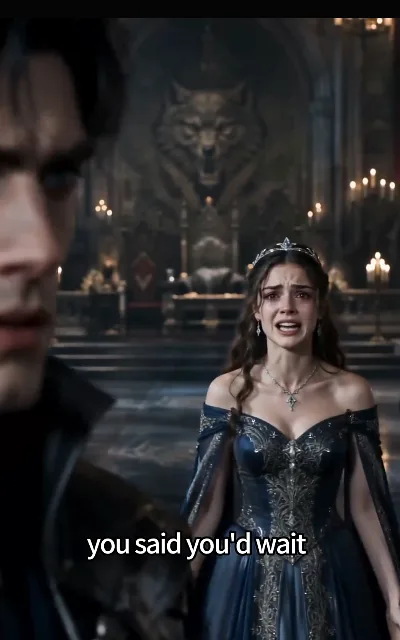 The throne-room break — a gothic hall under a wolf-head totem, silver crown and deep blue, tears finally falling as the pledge is answered — "you said you'd wait" (ep1, subtitles as aired; the source of this page’s key art)